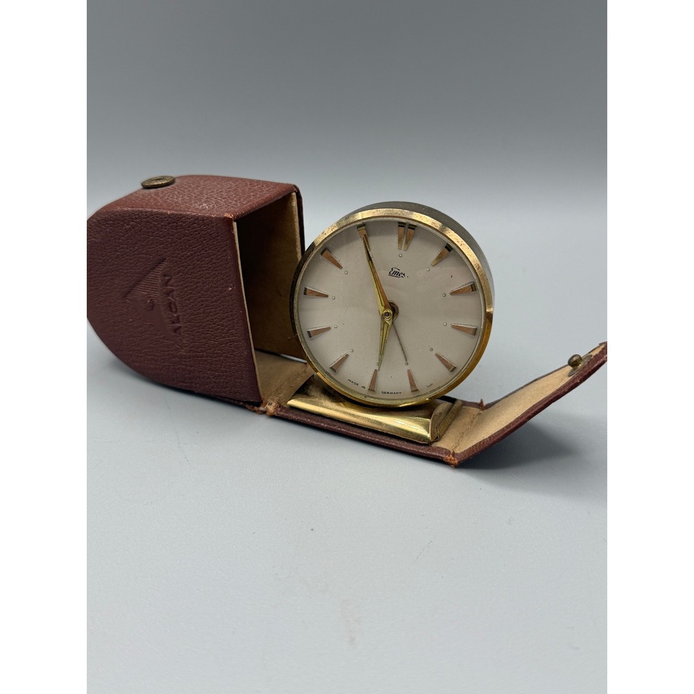 Vintage Emes Travel Alarm Clock Germany Mechanical Wind Folding Case 1960s #1123